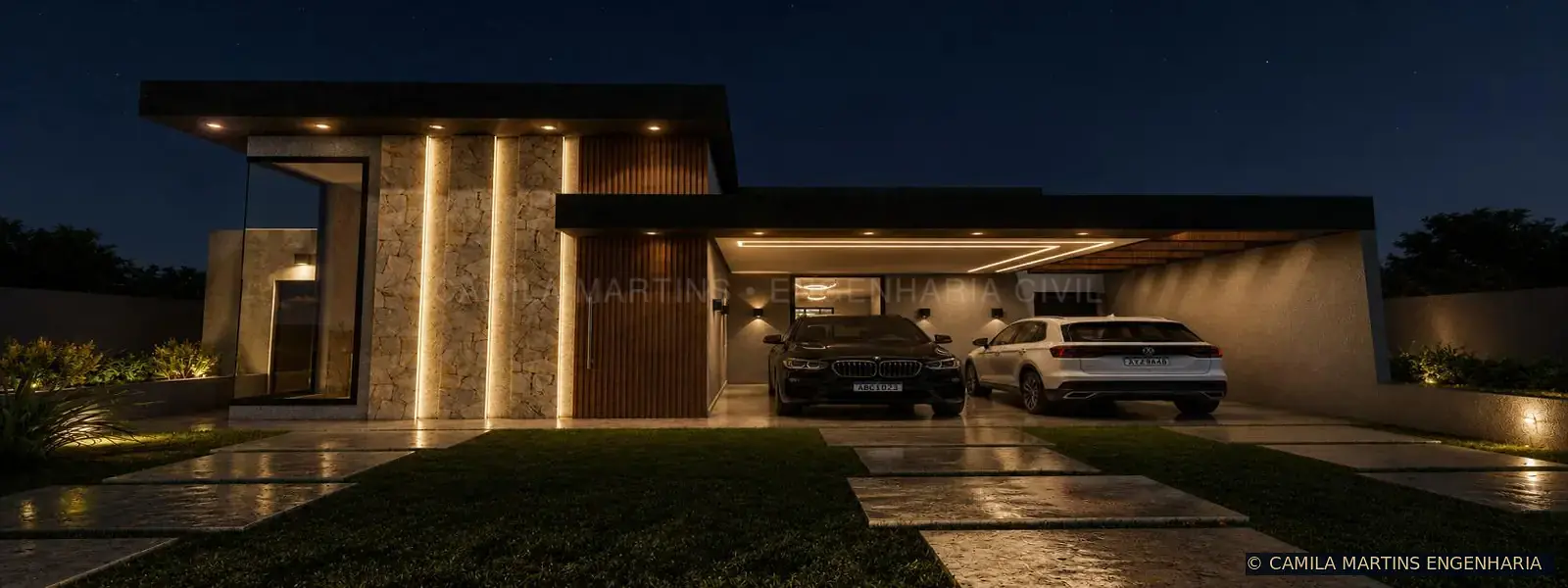 Fachada noturna do projeto Casa Urben